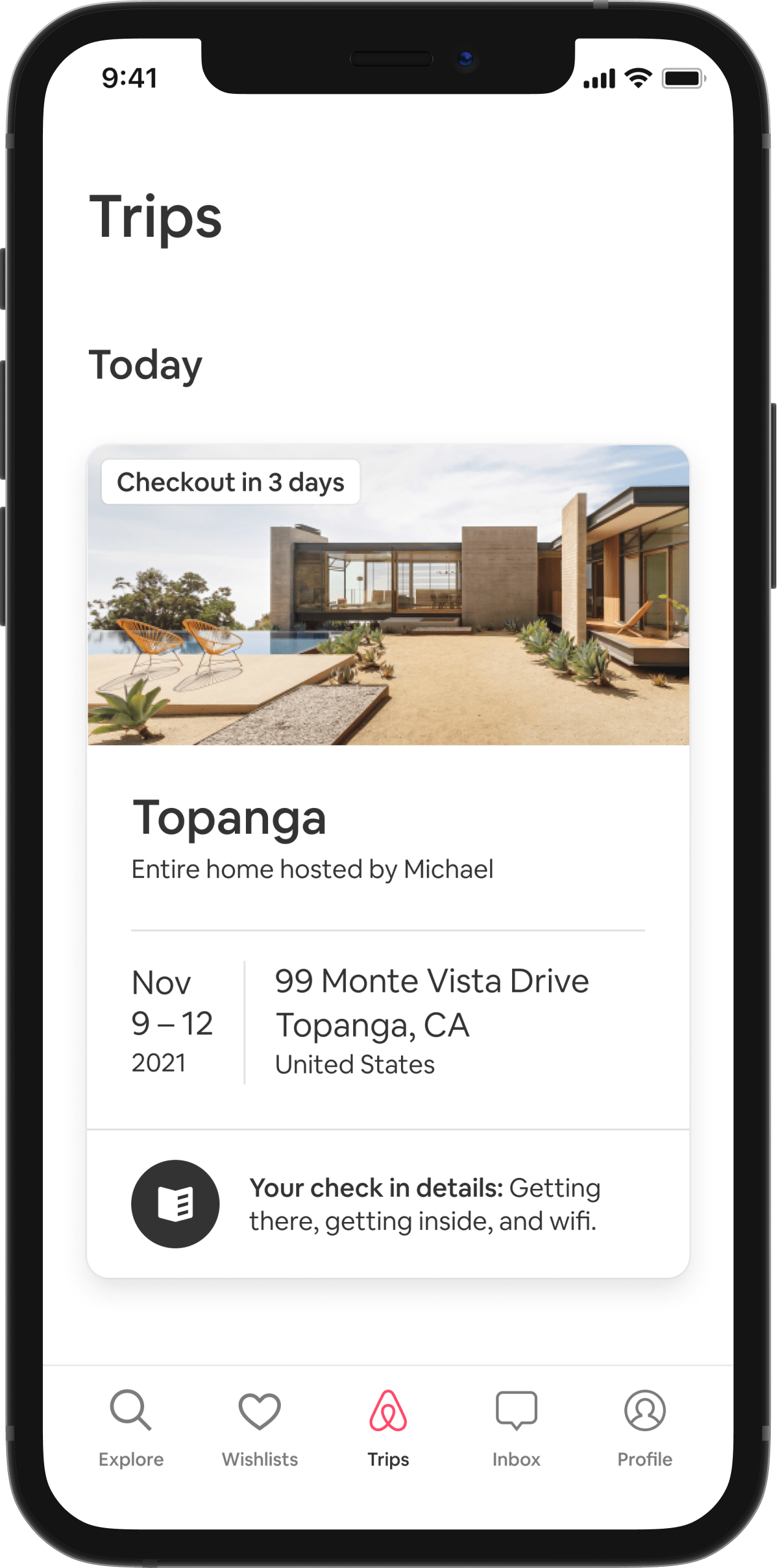 Graphical user interface of the Smarter Trips Tab, showing check-in details including address, check-in time and stay dates for a listing in Topanga, California.