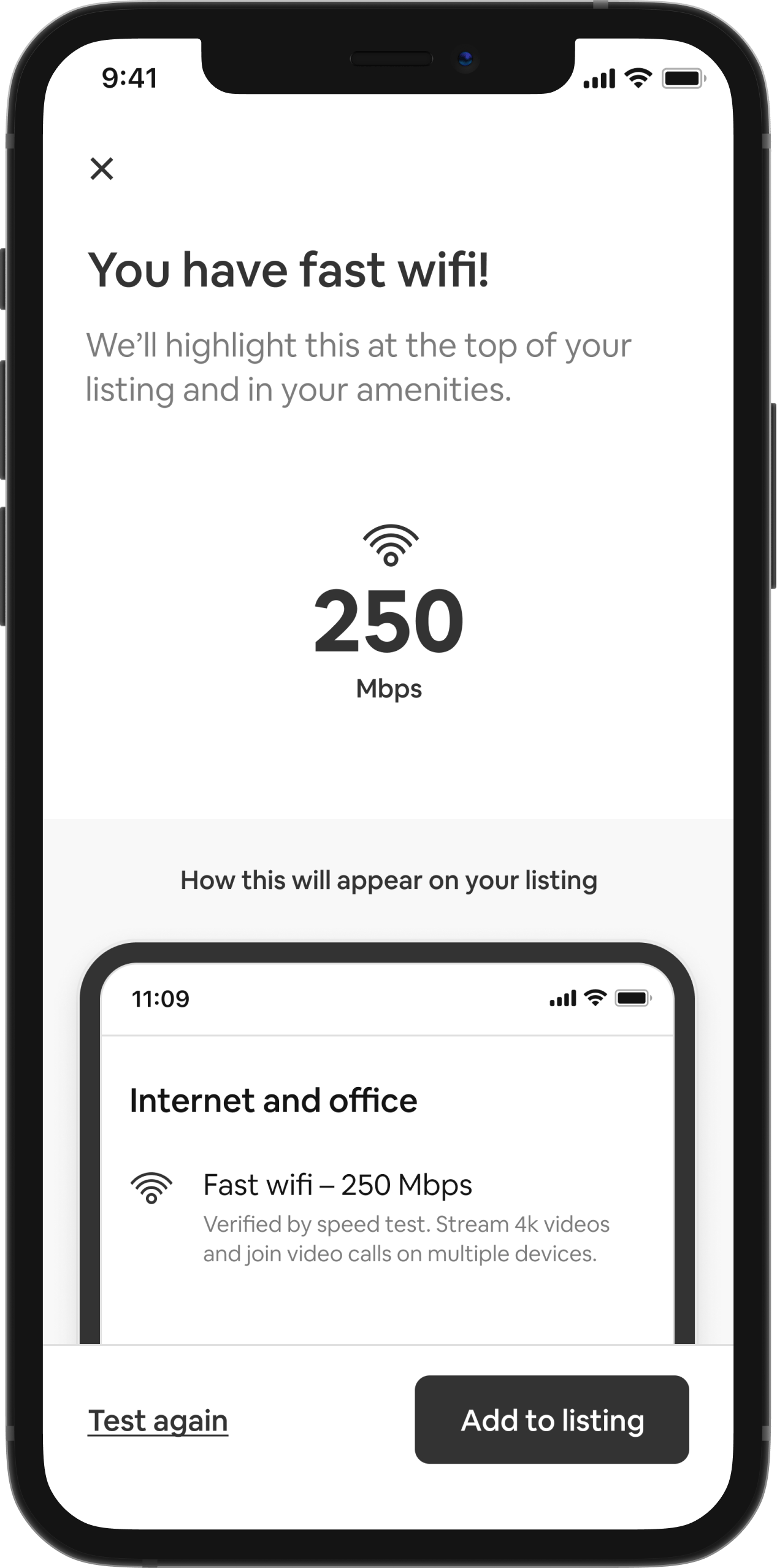 Graphical user interface of the Verified Wifi speed tool, from the Host point of view. Image shows the wifi speed of a listing to be 250 Mbps.