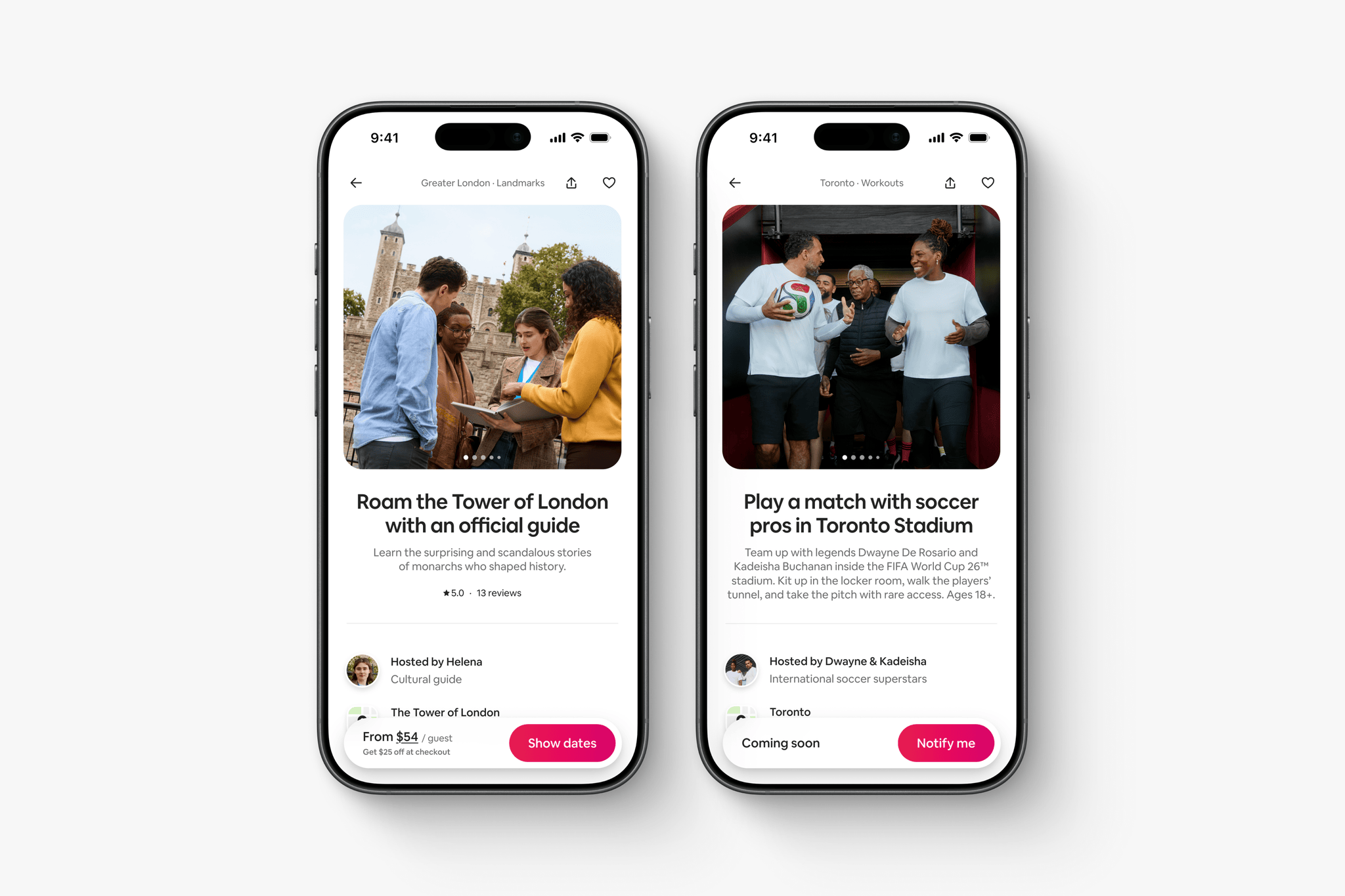 Airbnb app showing experiences for Roam the Tower of London with an official guide for $54 and Play a match with soccer pros Dwayne De Rosario and Kadeisha Buchanan in the FIFA World Cup 26 Toronto Stadium coming soon